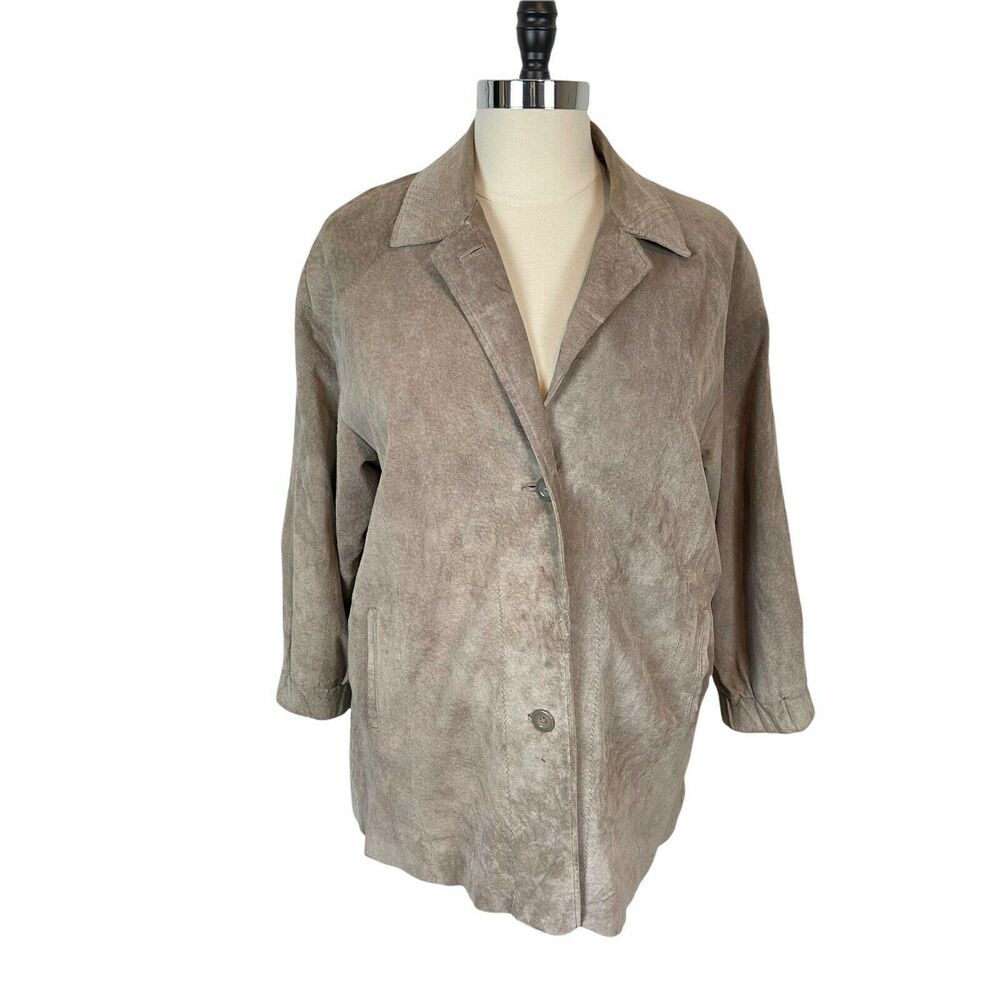 Suede Shirt Jacket Comint Women's Vintage 80s Tan Genuine Leather size M Retro